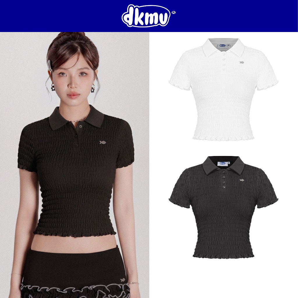 เสื้อยืดกระดุมคอโปโลผู้หญิง DKMV เสื้อเชิ้ตสั้นทรงเข้ารูปพร้อมโลโก้ปลาสแตนเลสน่ารัก Brit Top | K-T49