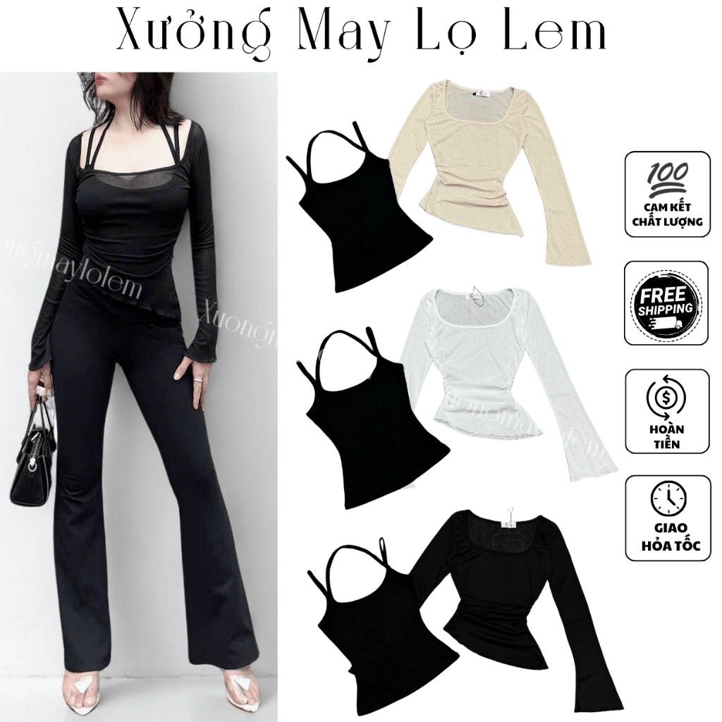 (HCMC EXPRESS) ชุดยกทรง + เสื้อยืดกระดาษคอยูแขนยาว K6559_XUONGMAYLOLEM
