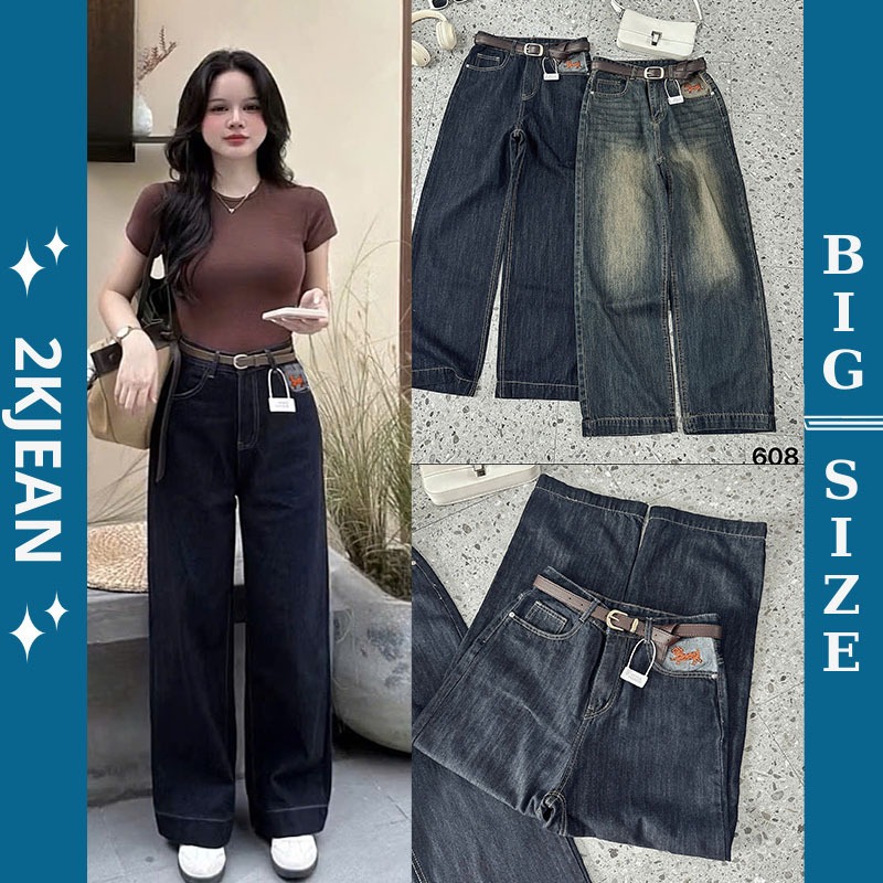 กางเกงยีนส์ขากว้างธรรมดาสําหรับผู้หญิงมีกระเป๋าปัก ไซส์ใหญ่ 55-90กก. ทรงขากว้าง QC คุณภาพสูง 2KJeans