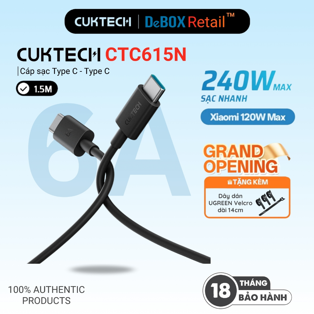 CUKTECH CTC615N C to C สายชาร์จเร็ว ยาว 1.5 ม. | แม็กซ์พาวเวอร์ 240W | การถ่ายโอนข้อมูล 480 เมกะบิตต