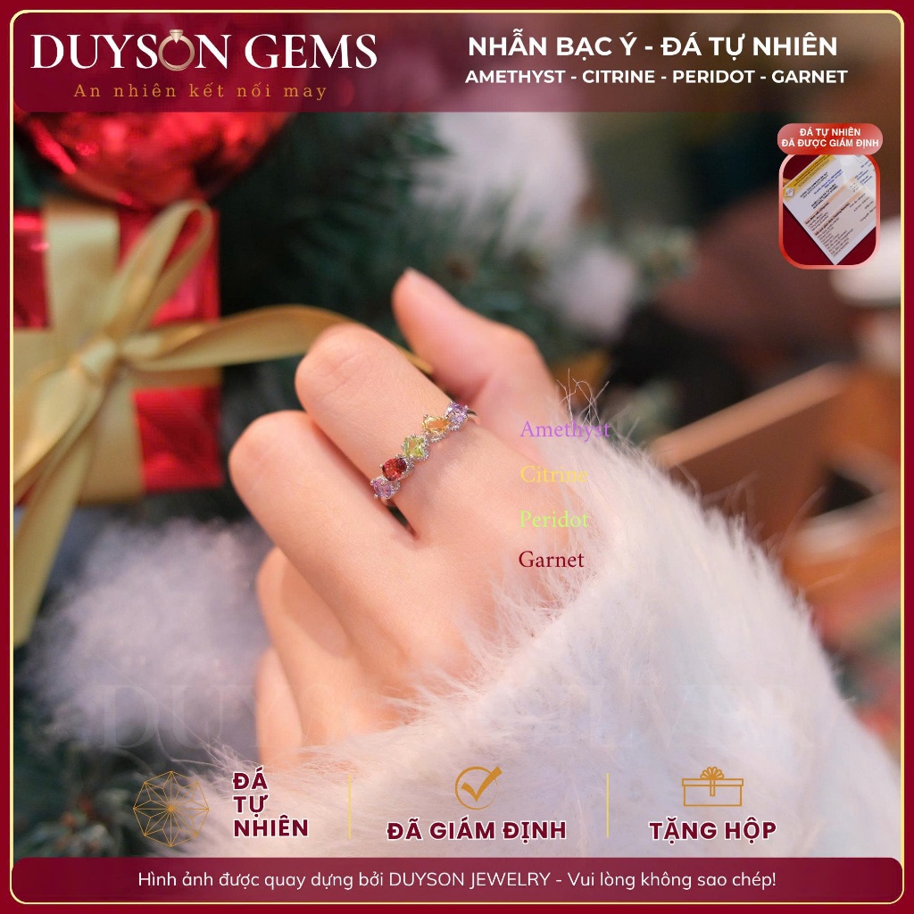 แหวนเงินอิตาลี Freesize 925 พร้อมหินธรรมชาติสี่ขั้น Ame.thyst Ci.trine Peri.dot Gar.net Duyson Gems