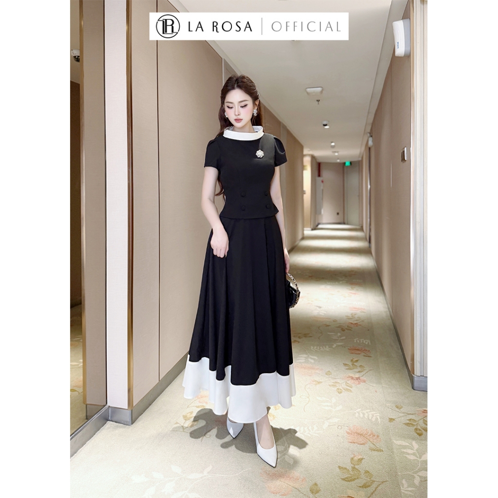 ชุดสํานักงาน La Rosa เสื้อแขนสั้นน้ําหนักเบาพร้อมปุ่มโดดเด่นและกระโปรงยาวจีบบานเล็กน้อย S979