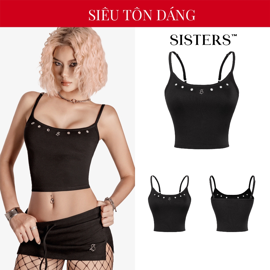 SISTERS เสื้อ 2 สายสีดําอัดตาไก่โลหะติดโลโก้สแตนเลส Base Croptop| SS-T64-D