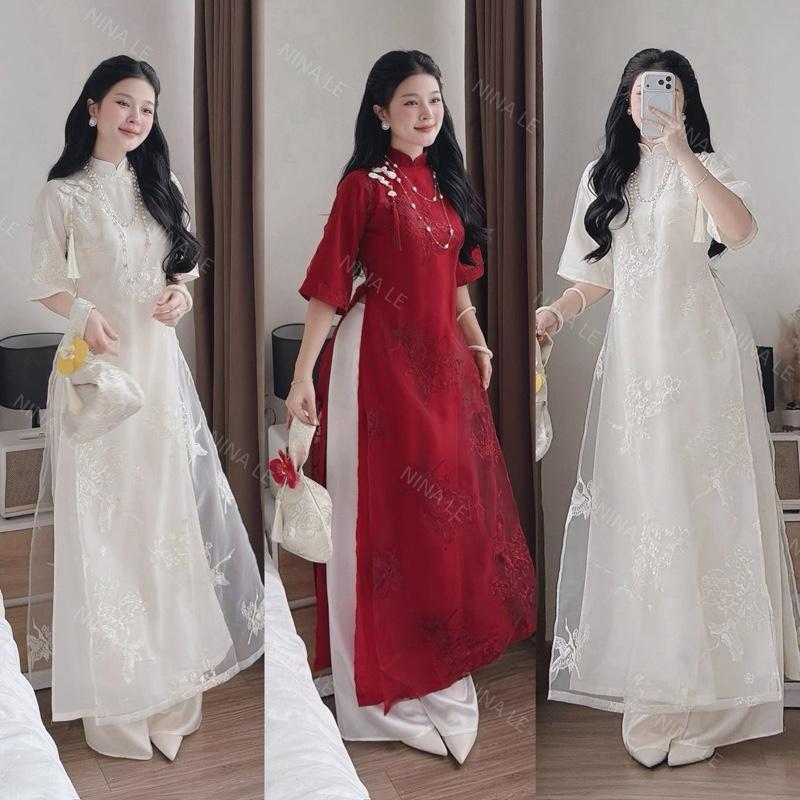 A130A Hac Vu Ao Dai 3 สีพร้อมแท็กพู่และโมติฟที่หรูหราสําหรับไปวัดและวันหยุด Tet Akara Closet