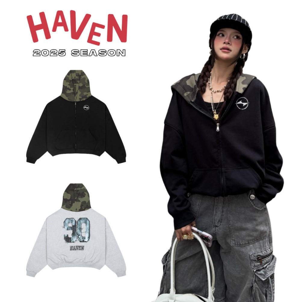 HAVEN Hoodie เสื้อกันหนาวสําหรับผู้ชายและผู้หญิง Unisex หลวมรูปแบบ Camo Camouflage หมวกพิมพ์หมายเลข 