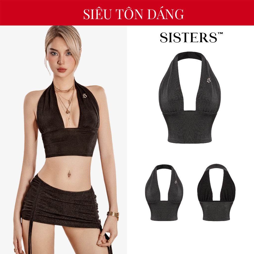 SISTERS เสื้อครอปคล้องคอทรงลึกยางยืดกํามะหยี่พองอกเปิดหลังเซ็กซี่ Callista สีดํา | SS-T54-D