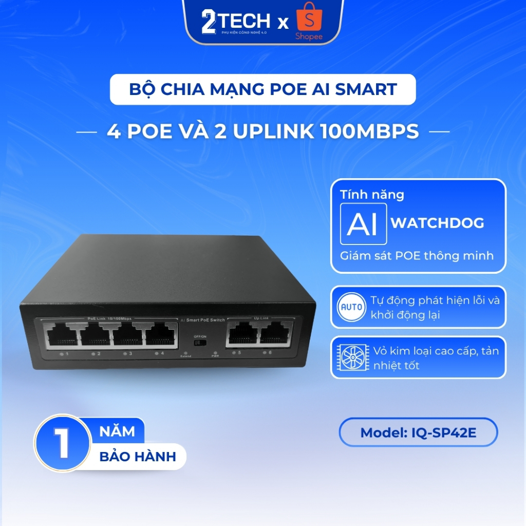 [AI] IQ-SP42E POE Switch สวิตช์เครือข่าย, พอร์ต POE 4 พอร์ต, พอร์ต Uplink 2 พอร์ต 100MBPS, AI Watchd