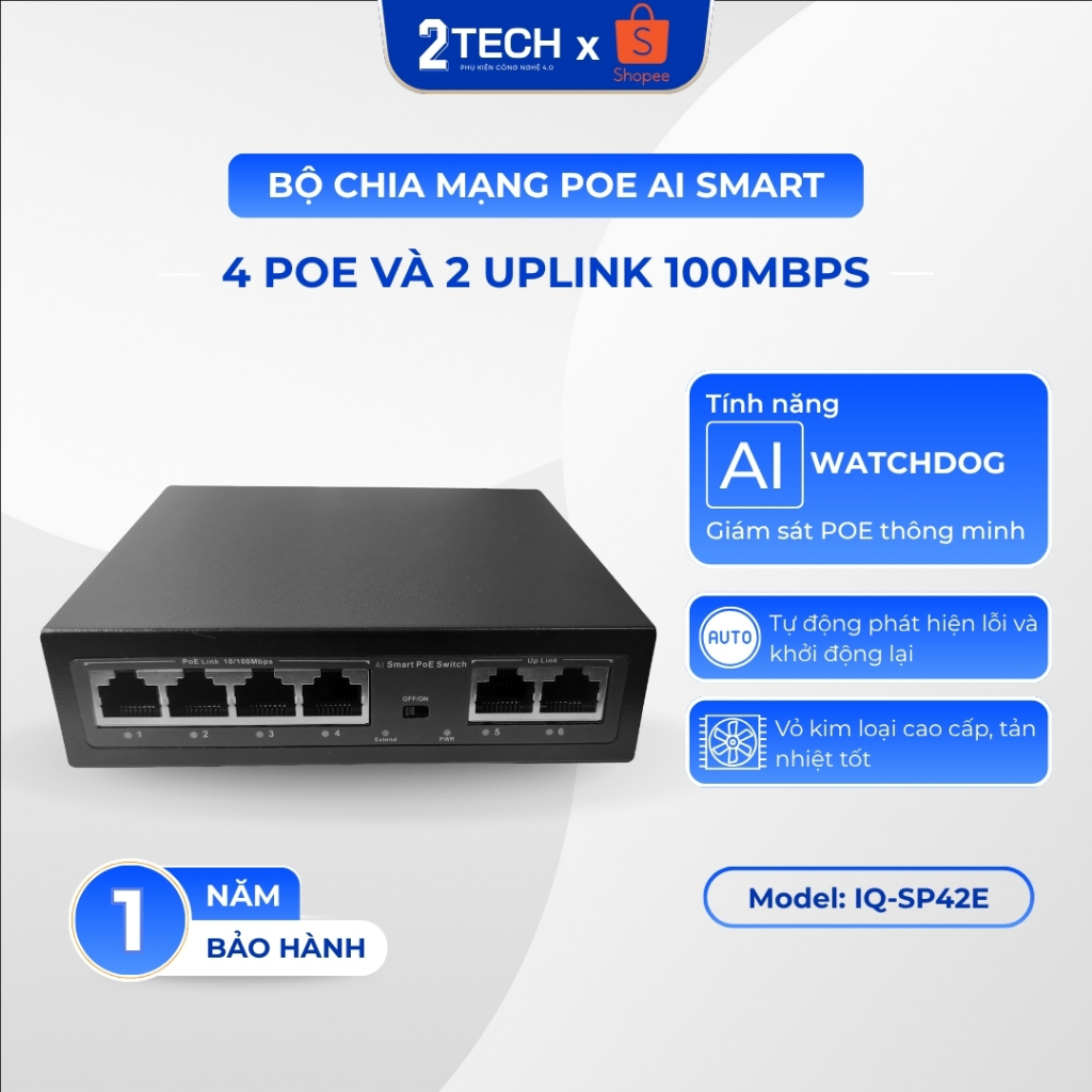[AI] POE Switch Network Switch IQ-SP42E, 100MBPS, พอร์ต POE 4 พอร์ต, พอร์ต Uplink 2 พอร์ต, AI Watchd