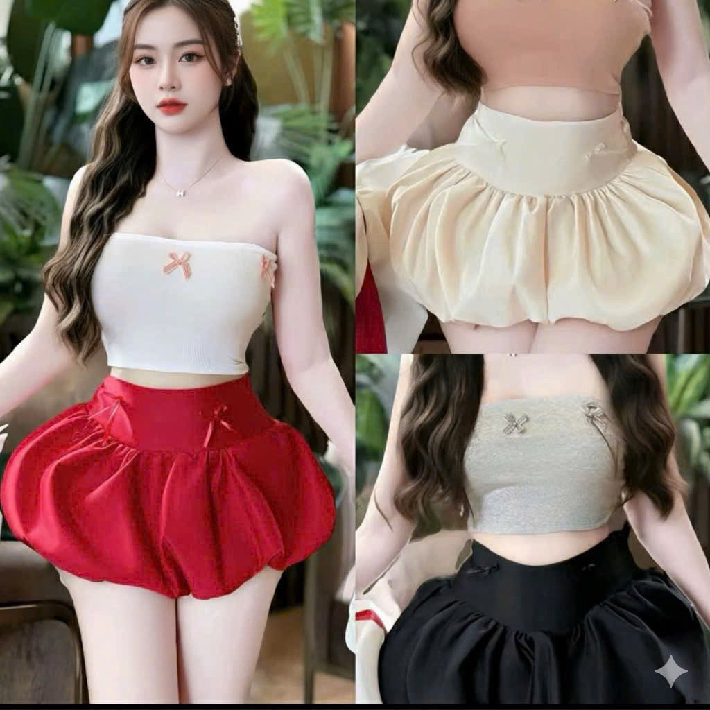 กระโปรงตอกหมุดฟักทองผ้าตา ดีไซน์บาน ทรงเอวสูงแบน ใส่คู่กับ LOVITY BI777 โบว์ท็อป