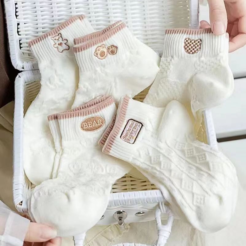 ชุดสร้อยคอสั้นสไตล์ ULZZANG 5 คู่ถุงเท้าผู้หญิง - PURE WHITE BEAR EMBROIDERRED - KING OF SOCKS H2N