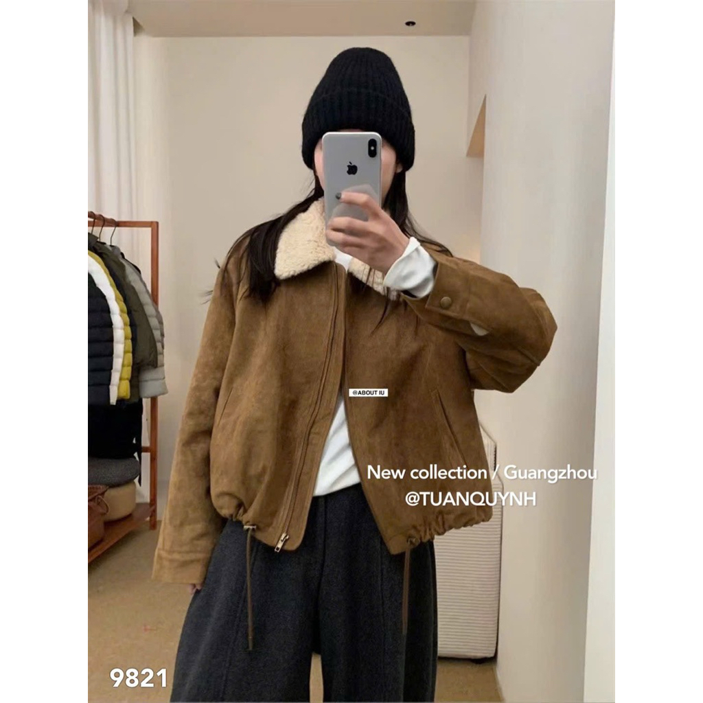 Sunnsunshop เสื้อแจ็คเก็ตหนังกลับคอปกขนสัตว์มีป้ายบุขน IU