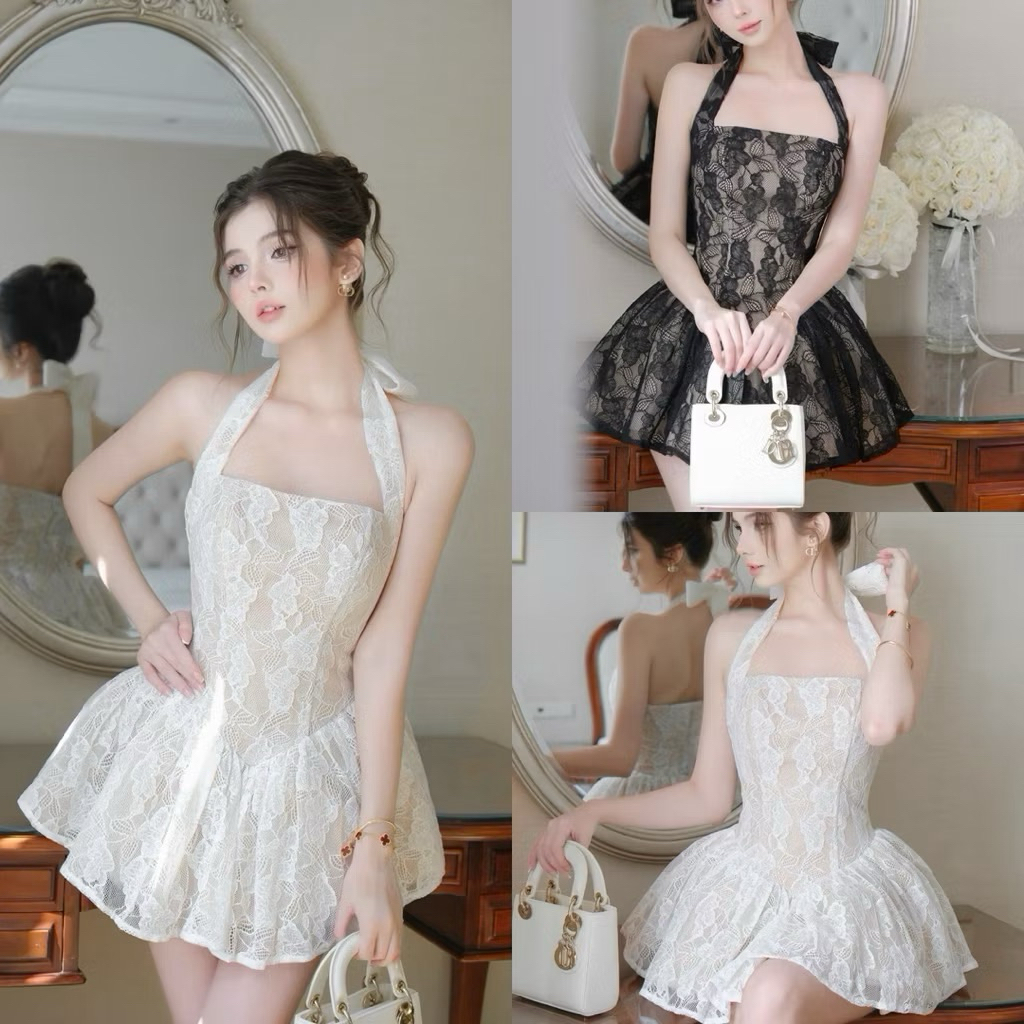 Y2KEDNA S/M/L/XL เดรสปาร์ตี้ลูกไม้เรียบหรูคล้องคอและคล้องคอ เดรสลูกไม้ผูกโบว์น่ารักพร้อมกระโปรงบาน