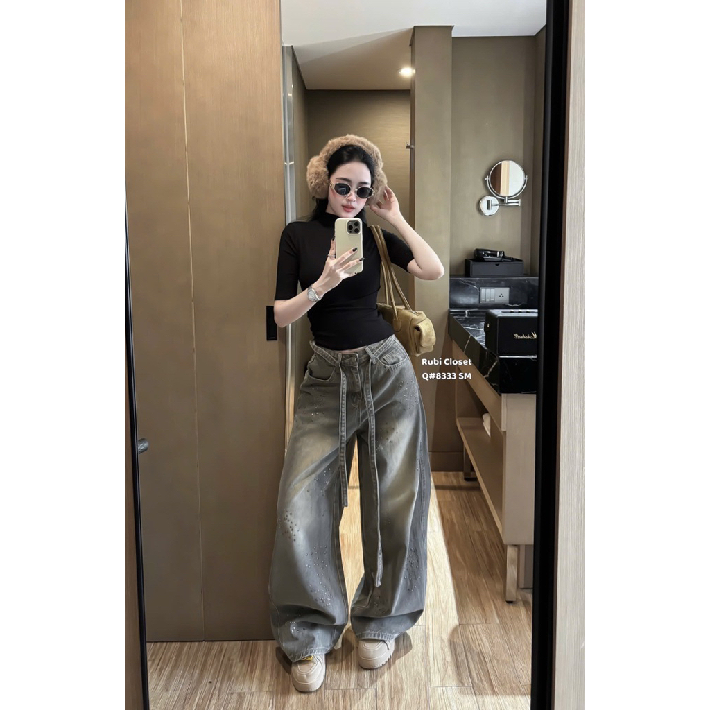 กางเกงยีนส์ขาตรงเข็มขัดลูกปัด QCL1 (8333)