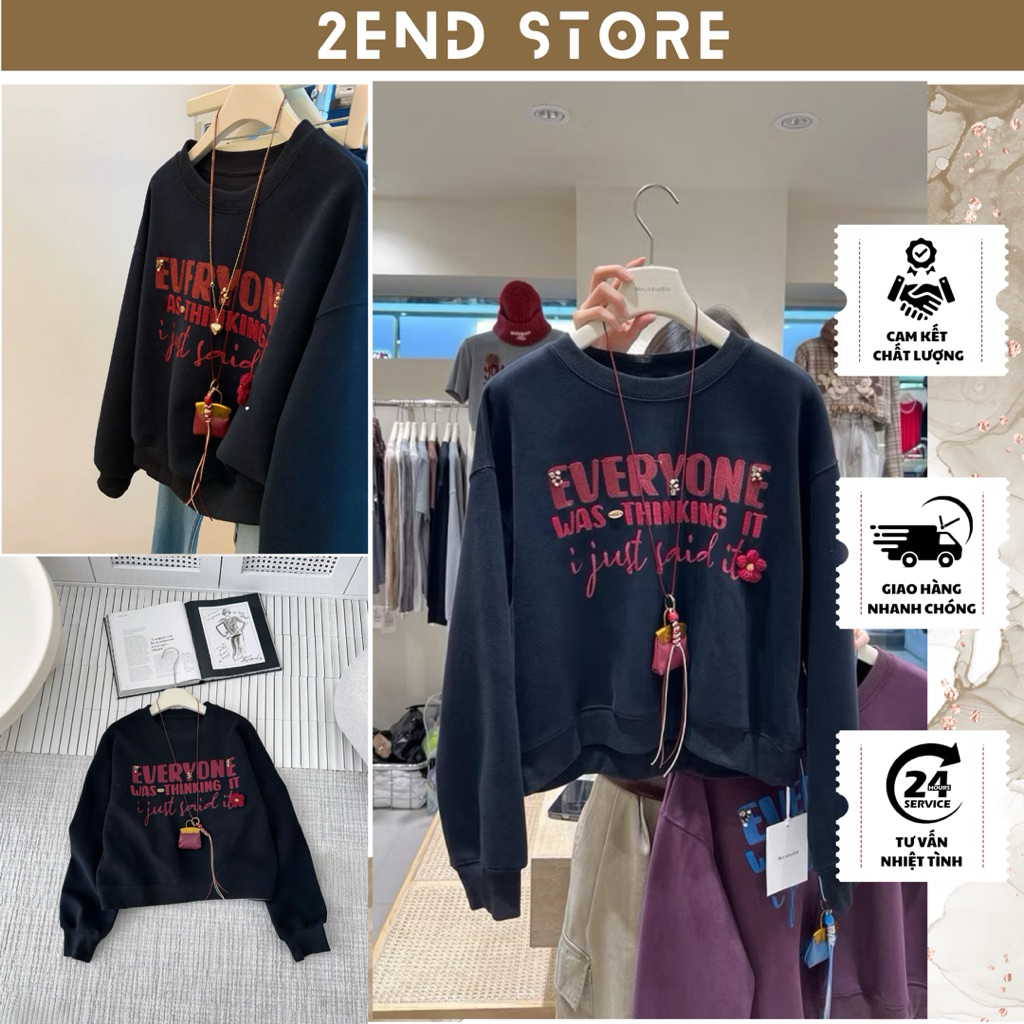 ✿ 2END | เสื้อสเวตเตอร์สีดําตัวอักษรสีแดงและกระเป๋าคล้องคอมินิ - รหัส 7055