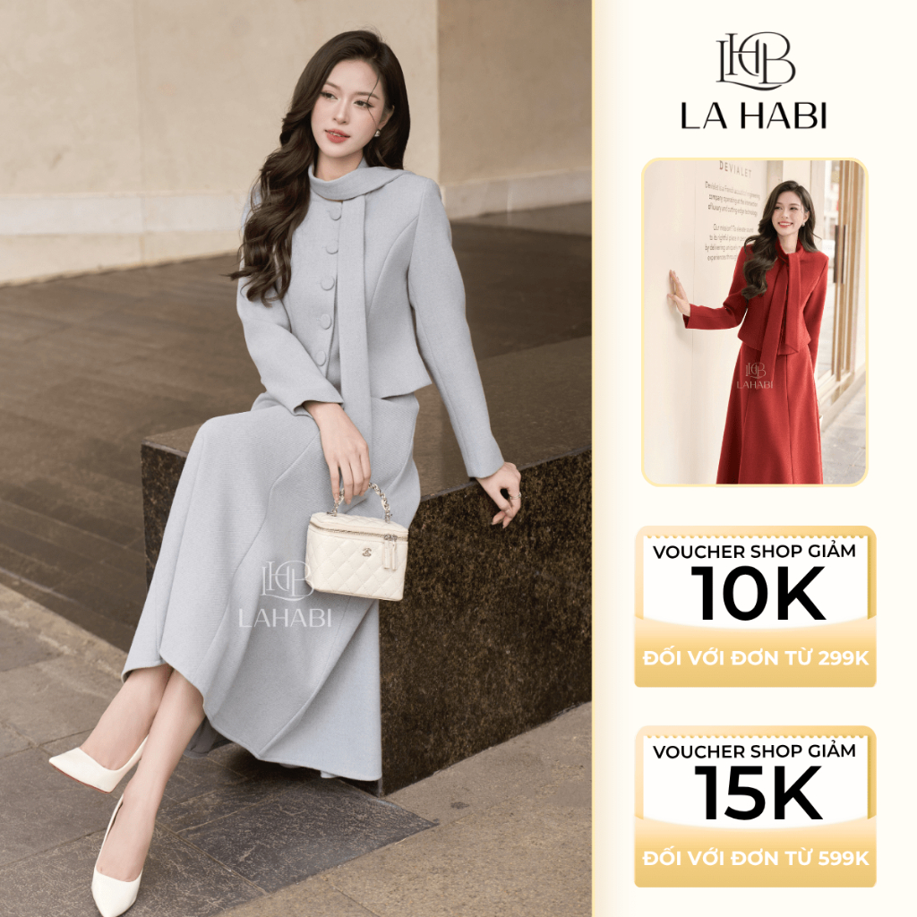 Set เดรสคอปก + กระโปรงยาว + 2 สี + ทุกขนาด S/M/L/XL - A20