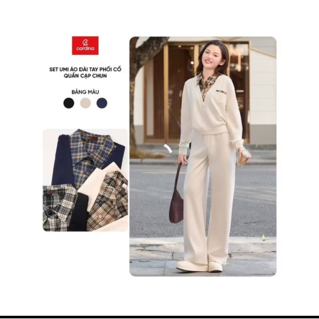 5ANF32, 5QDT32CARDINA ชุดเซ็ตผู้หญิงผ้า umi สไตล์สปอร์ต เสื้อครอปคอปกและกางเกงหลวม 5ANF32, 5QDT32