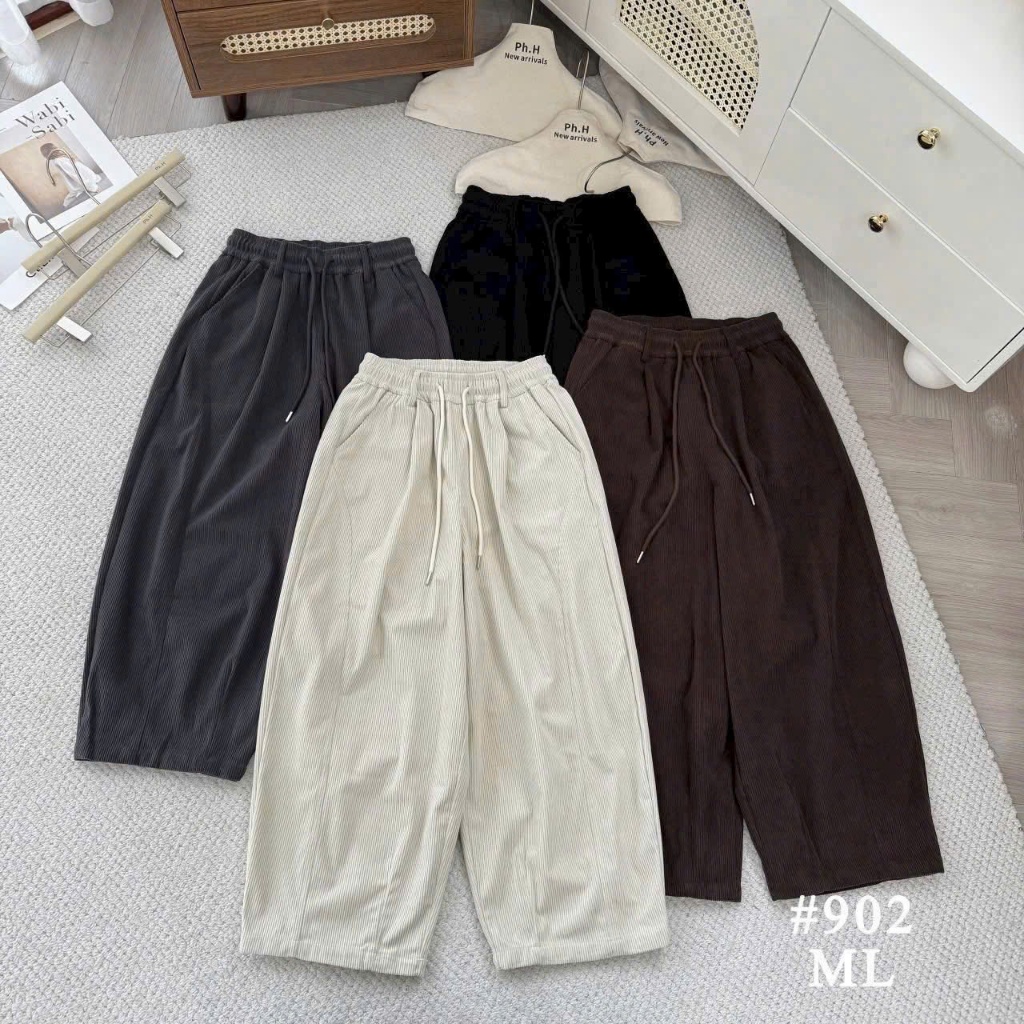 M421 [รุ่นใหม่] กางเกงผ้ากํามะหยี่ทรงหลวมเอวยางยืดขากว้างพร้อมเชือกรูดสไตล์อ่อนเยาว์