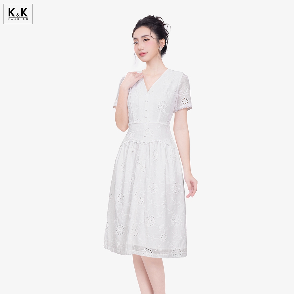 เดรสสีขาวปักเอวบาน K&K FASHION KK181-29 วัสดุปักถัง