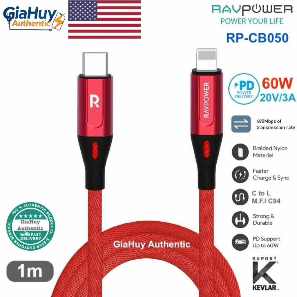 สายชาร์จเร็ว 14 PRM, 13 PRM RAVPOWER RP-CB050 C to L PD 60W มาตรฐาน MFl ยาว 1m