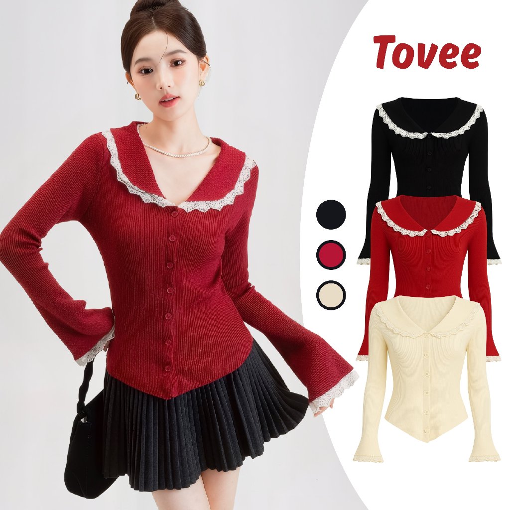 เสื้อยืดคอปกติดกระดุมแขนยาวยางสําหรับผู้หญิง DD142 ผสมผสานที่สวยงาม เสื้อยืดผู้หญิงเข้ารูป TOVEE