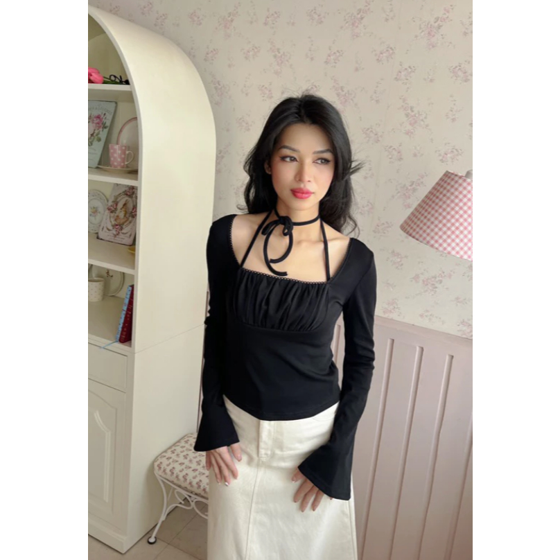 Pass Mania Cutie เสื้อยืดแขนยาวทรงบาน เสื้อ Quadlings มีป้ายเต็ม ไซส์ S สีดํา