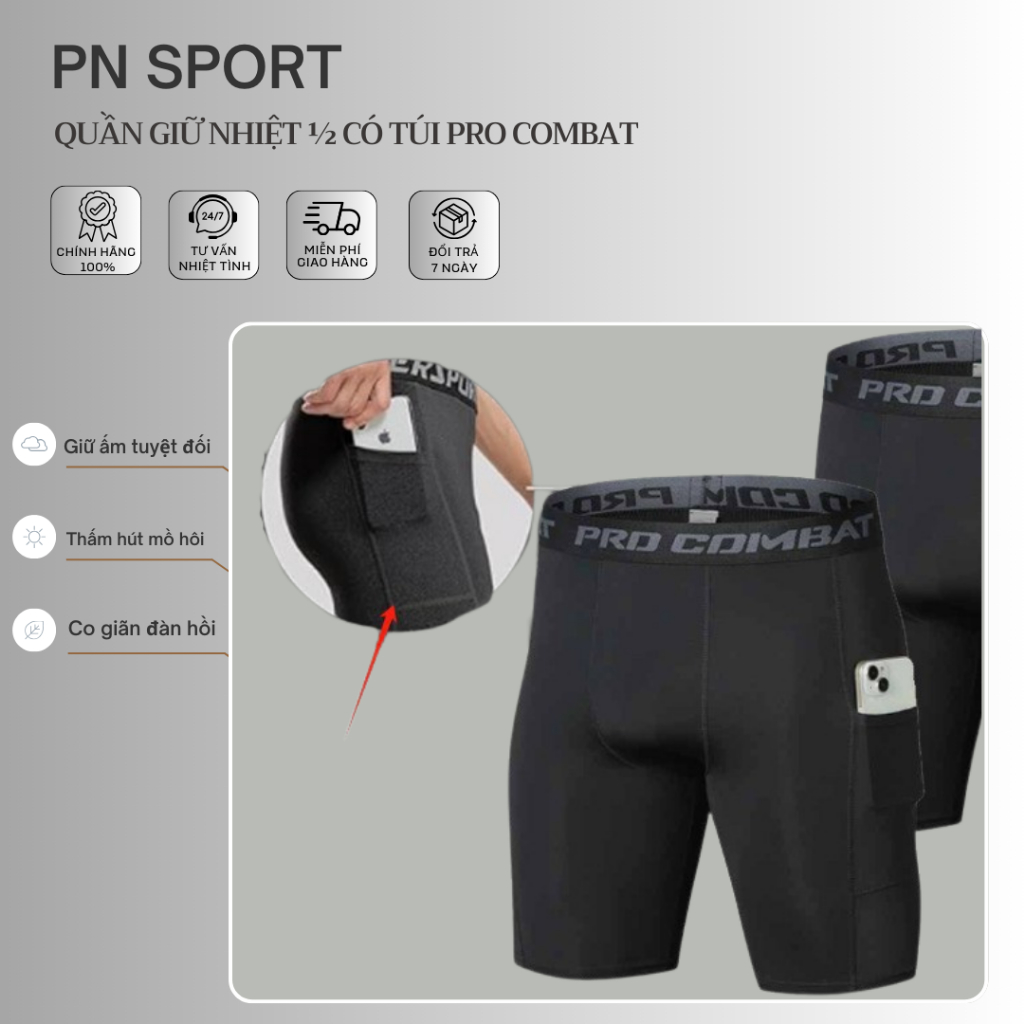 Pro ComBat กางเกงเก็บความร้อน 1/2 สําหรับผู้ชายคุณภาพสูงพร้อมกระเป๋ากางเกงออกกําลังกายกีฬากางเกงยิมฟ