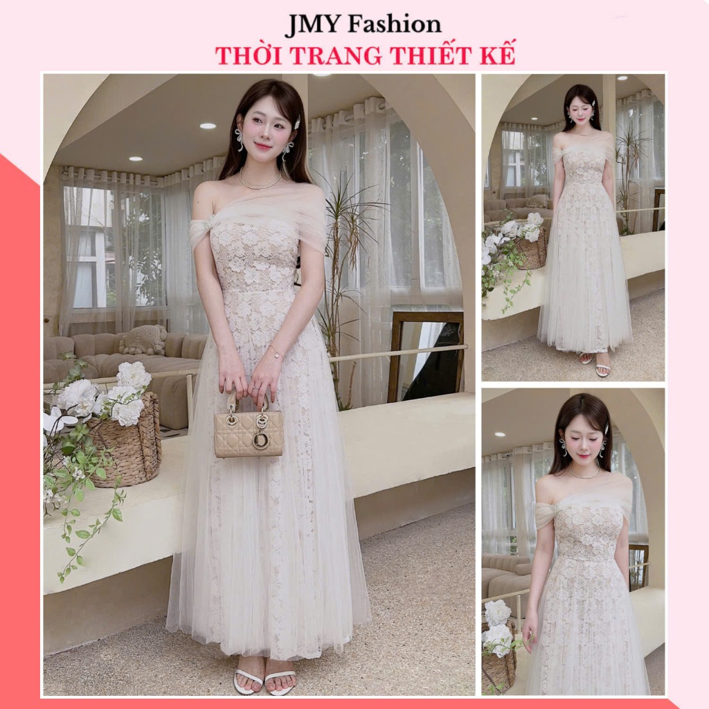 V802, RC874 เดรสลูกไม้ลายดอกไม้สีขาวดีไซน์แม็กซี่เปิดไหล่บานสีเบจสําหรับปาร์ตี้ [TH HA LE]