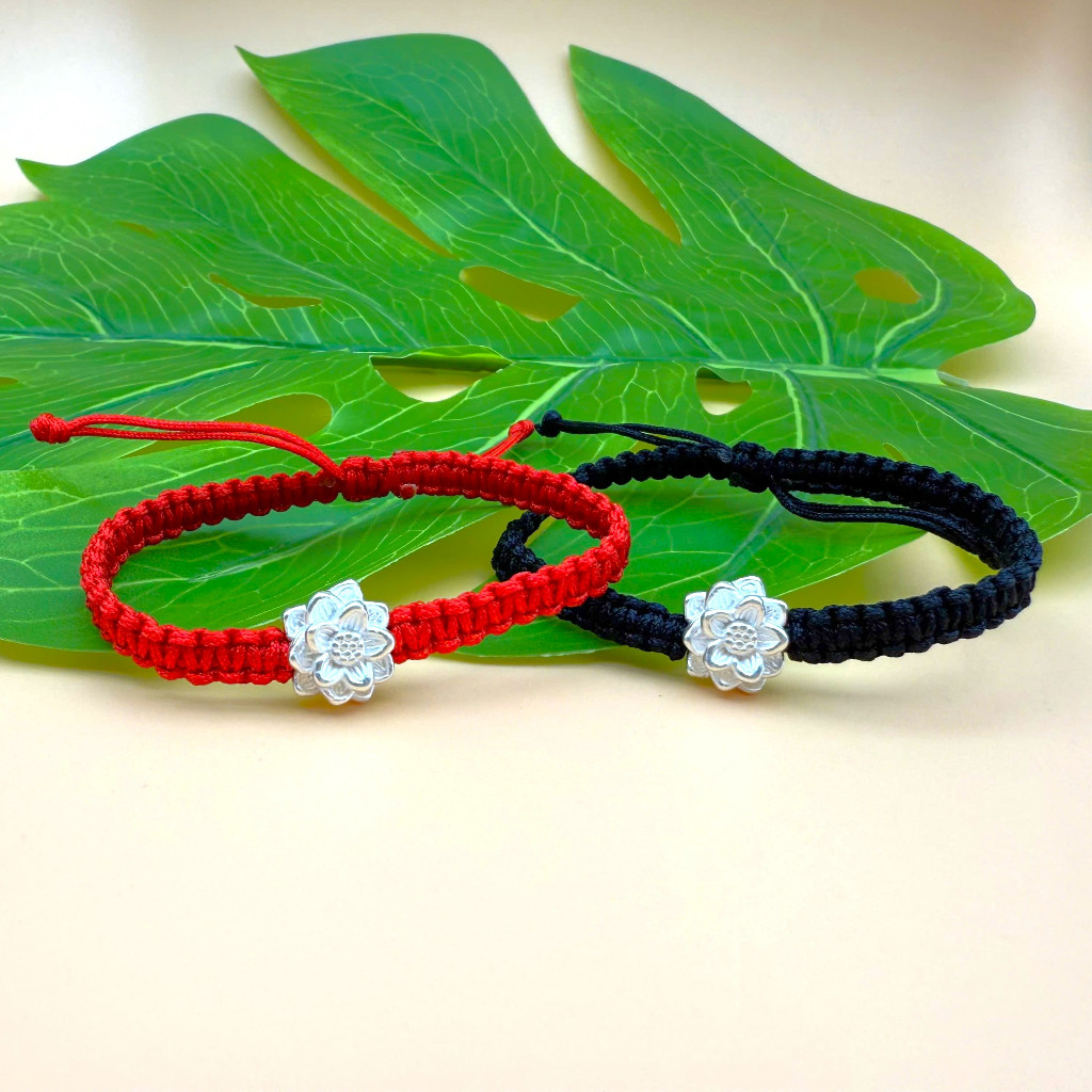 สร้อยข้อมือถักดอกบัวเงิน 999 สําหรับผู้หญิงมีเชือกฟรีไซส์ - แหวนหิน 5A - รหัส TDKD00039KODA