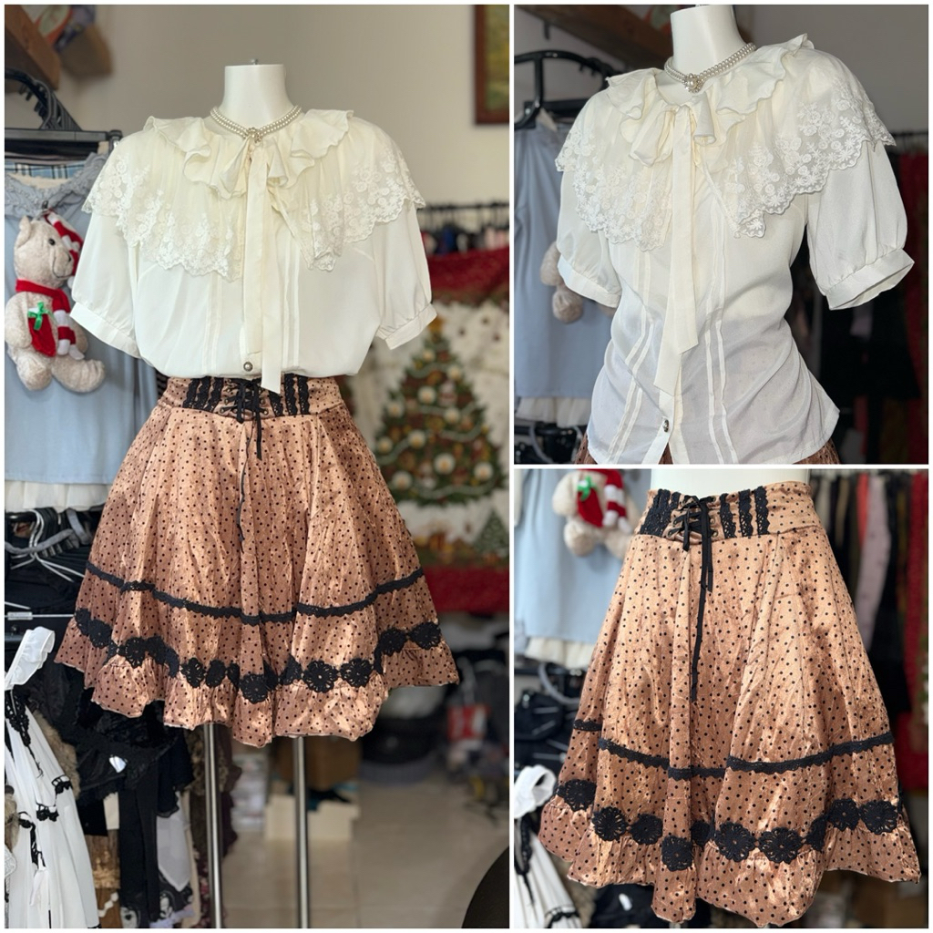 [2hand_thrift] Set: เสื้อชีฟองลูกไม้ Axes M, Axes กระโปรงกํามะหยี่ญี่ปุ่น