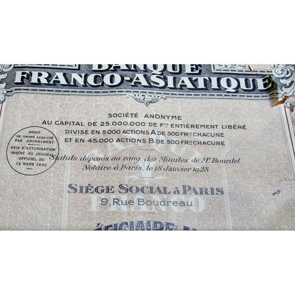 (sưu tầm) 1 tờ cổ phiếu Đông Dương từ BANQUE FRANCO-ASIATIQUE  Ngân hàng Pháp Á năm 1928