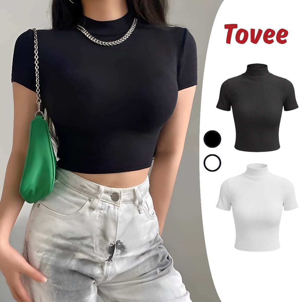 เสื้อครอปสตรีคอเต่าแขนสั้นเข้ารูป CR78 เสื้อยืด crt เซ็กซี่ยางยืดจั๊มสวย คนอื่น