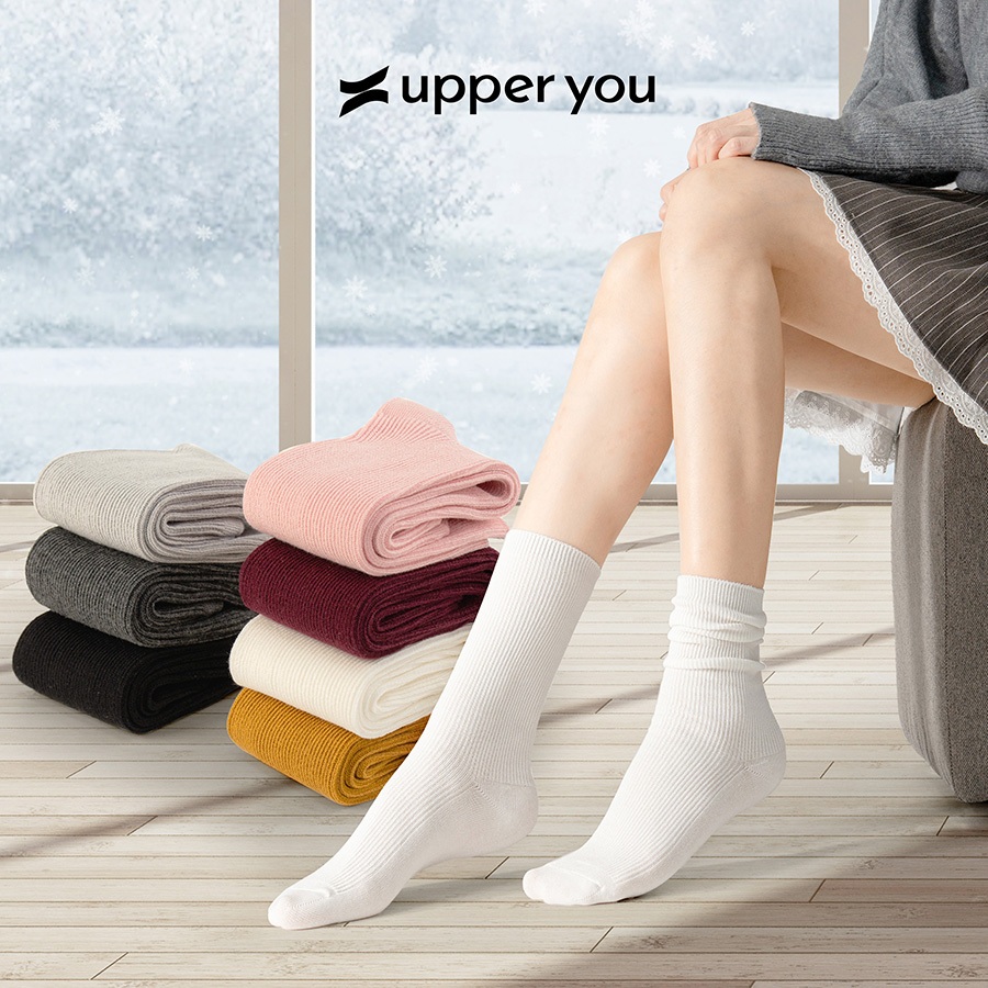 UPPER YOU ถุงเท้าผู้หญิงคอปกสูงยางเรียบเกาหลี อ่อนเยาว์ สไตล์ไดนามิก นุ่ม ซึมซับดี - BSF4007