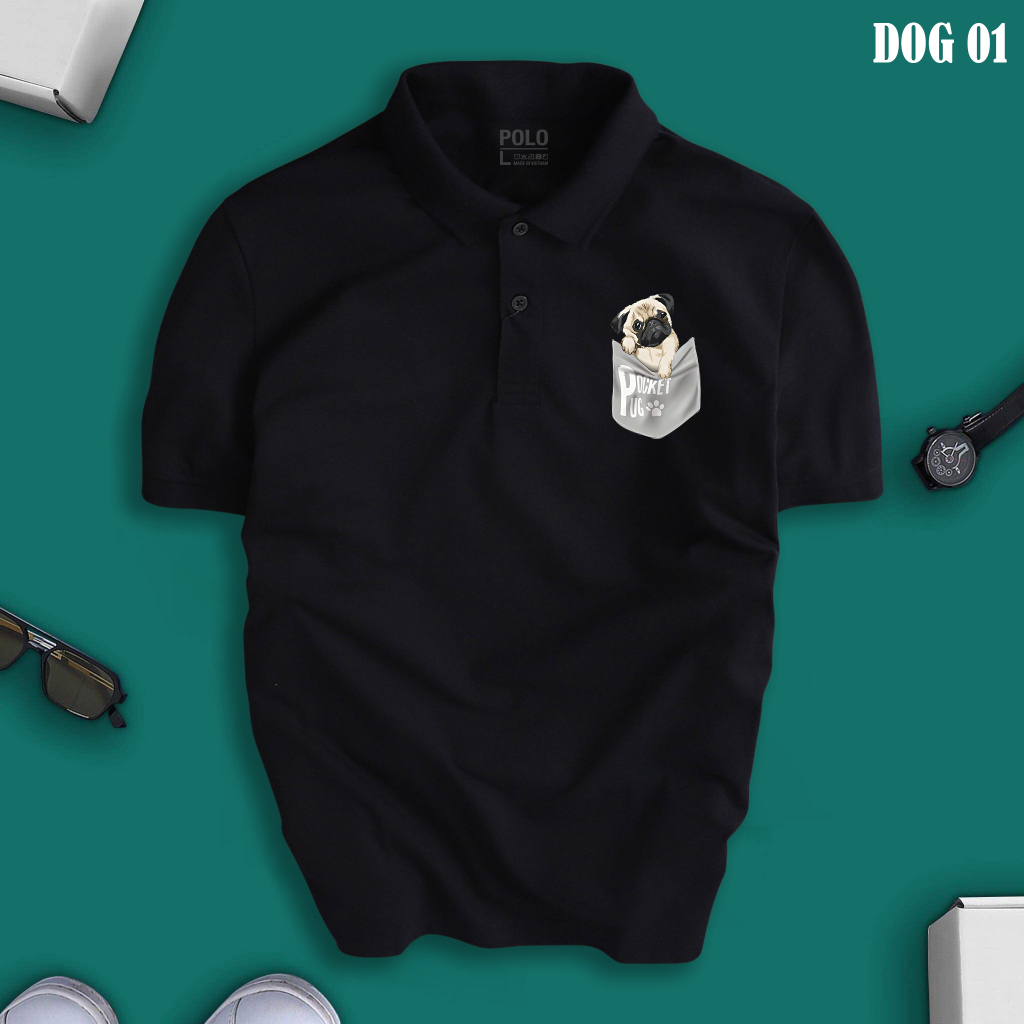 เสื้อโปโลผู้ชาย PUG DOG คอปกเปิด หรูหราหรูหรา หนังจระเข้ CVC