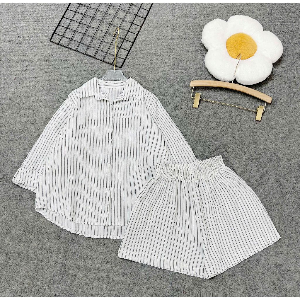 สตรีขนาดใหญ่ลายแขนยาวหลวม Format Cool Striped Linen คอนซีลเลอร์ 50-90kg SET865 (A328)