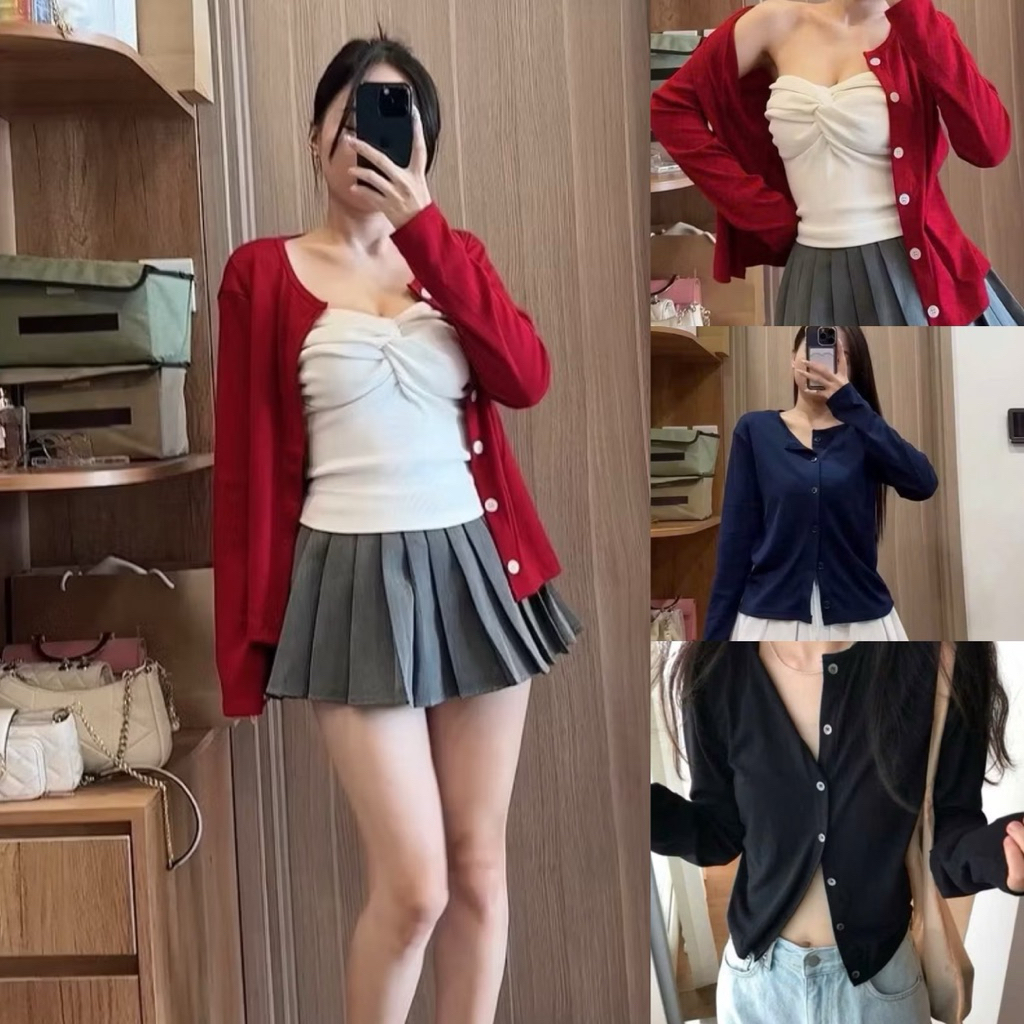 CARDIGAN JACKET THIN JACKET เสื้อยืดคอกลมกลมสีแดงสีดําสีฟ้า BYN STORE KCN88