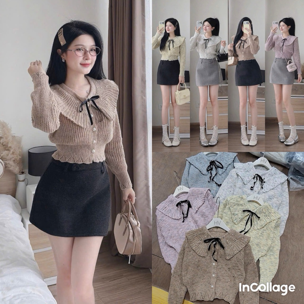 [QC Product Type 1] (QCC)เสื้อกันหนาวคอปกแขนสั้นพร้อมกระดุมมุกลูกปัดโบว์สีดํา-ร้านฮาลินห์