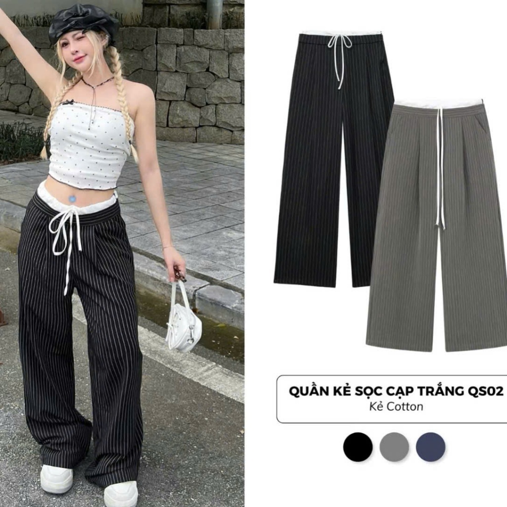 กางเกงลายทางสตรีเอวยางยืดขากว้าง ทุกเพศ กางเกงขากระบอก STRIPE PANTS ขอบเอวขาวและเชือกผูกในวัสดุเท่ๆ