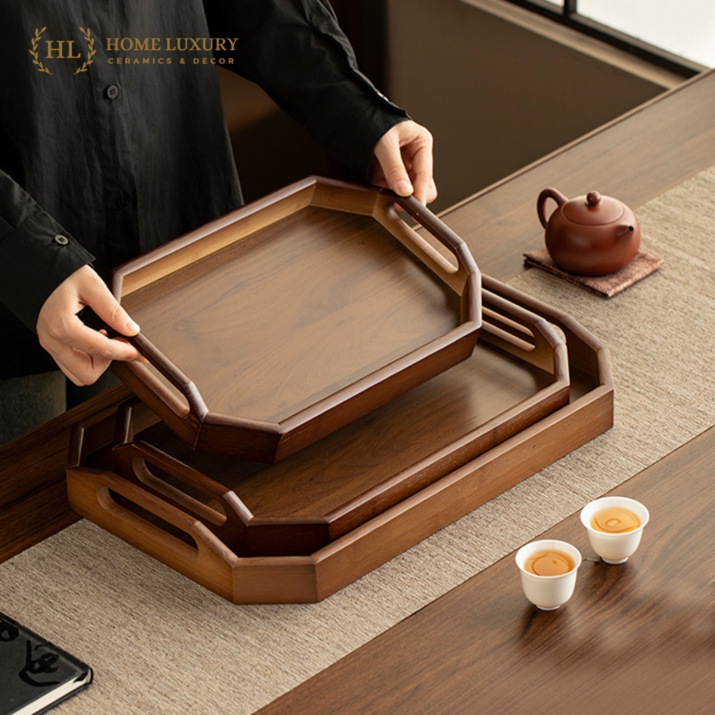 BROWN WOODEN TRAY WITH DECORTANGULAR HANDLE | WOODEN FURNITURE TRAY | ถาดไม้พิเศษสําหรับหม้อ, เค้ก, 