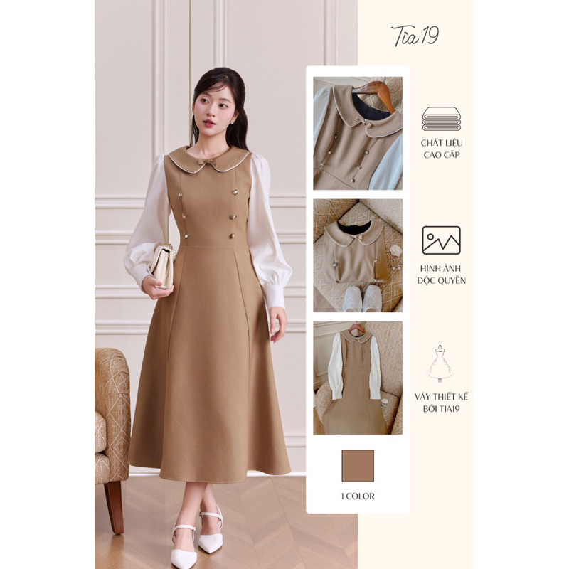 TIA19 ชุดเดรสคอปกโซมิกระดุมแขนยาว ออกแบบโดย Phelan Dress Tia19 เดรสเชิ้ตแขนยาวสีน้ําตาล