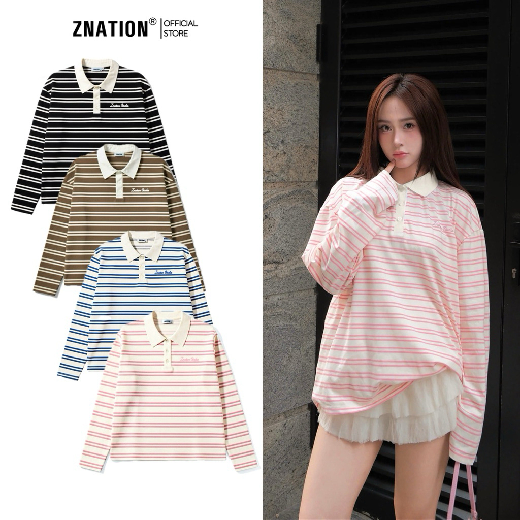 ZNATION Form Boxy เสื้อยืดแขนยาวลายทางสําหรับผู้ชายและผู้หญิงพร้อมคอปกโปโล