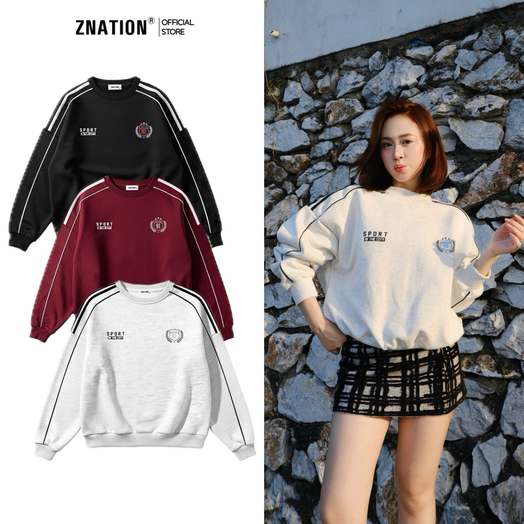ZNATION Form Boxy เสื้อสเวตเตอร์คอกลมสําหรับผู้ชายและผู้หญิงพิมพ์ลายผ้าไหม