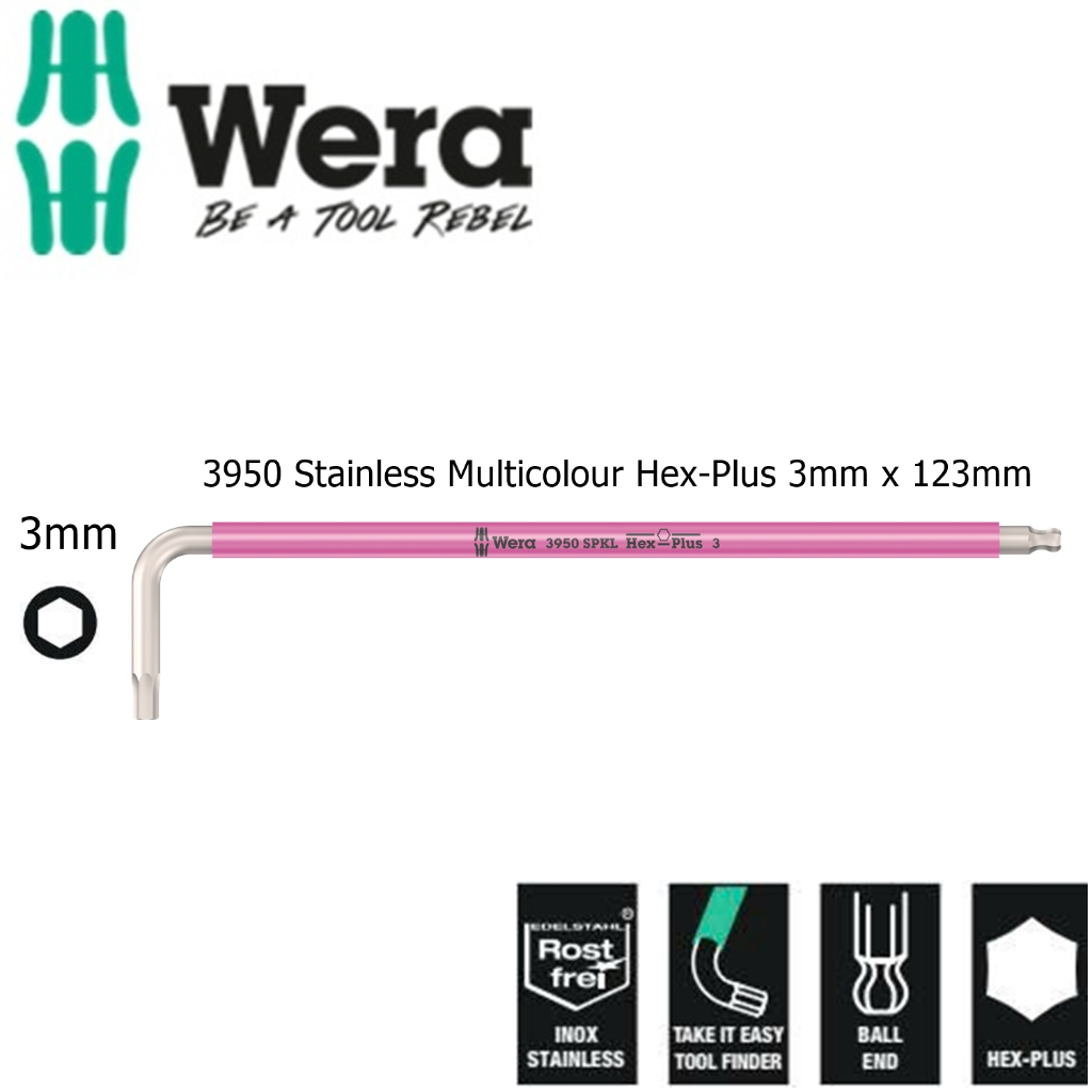 Wera หกเหลี่ยมสแตนเลสขนาด 3 มม. Wera 05022663001 3950 สแตนเลสสตีลหลากสี Hex-Plus 3,0