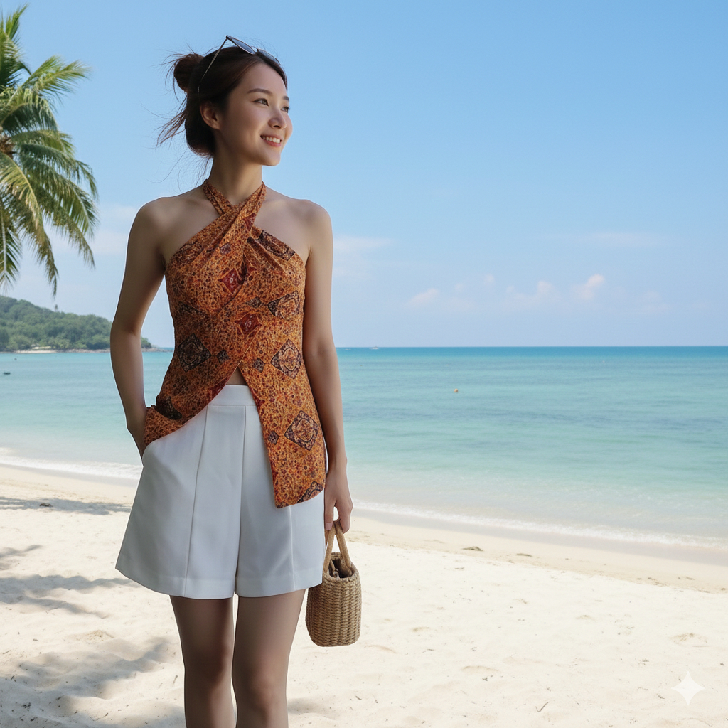 [HCMC EXPRESS] เสื้อลายผ้าผ้าผ้าสวยอ่อนเยาว์เฉพาะคอปกเปิดไหล่ไปทะเล