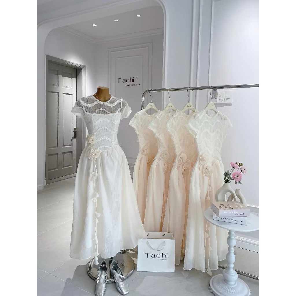 Pass Pass Pass Pass Pass Pass Pass Pass Pass Pass |สไตล์| ชุดเดรส มิดิ ลูกไม้ตาข่ายเอวดอกไม้