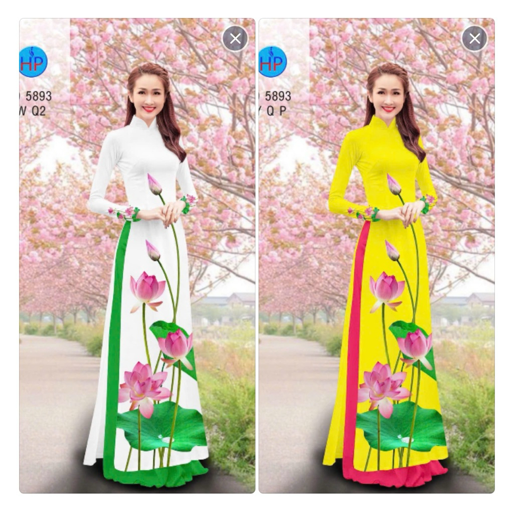Huong Sen Ao Dai พิมพ์ลาย 8D วัสดุผ้าไหมเกาหลีคุณภาพสูง รหัส Lotus S6 ไซส์ S/M/L/XL/2XL/3XL/4XL/5XL