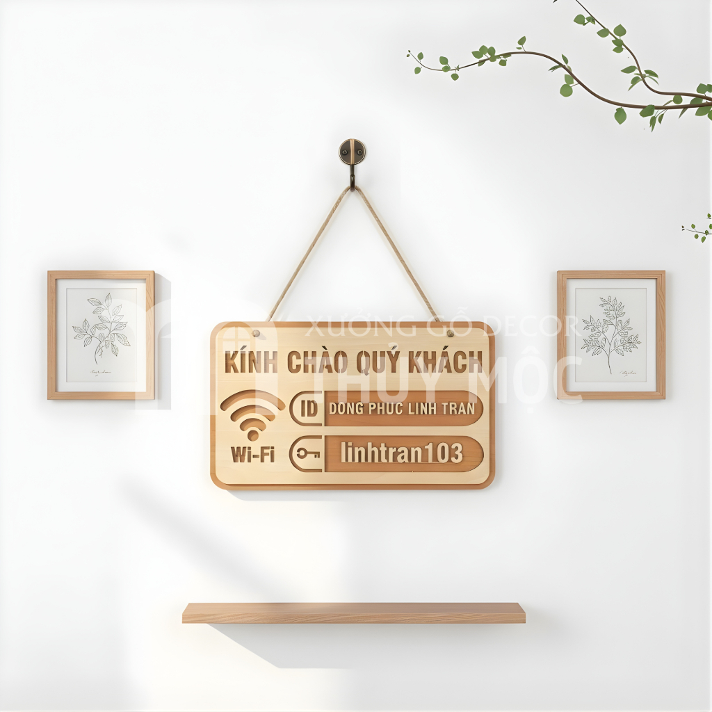 กระดานไม้พร้อมข้อมูล WIFI, รหัส QR – บัตรสลักได้ตามต้องการ – คาเฟ่, ตกแต่งร้านอาหาร