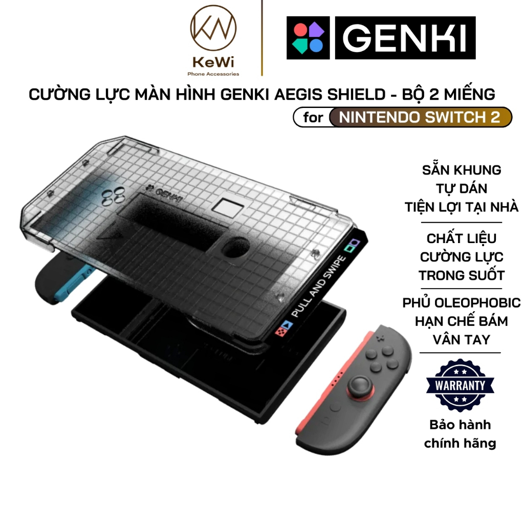 [SELF-ADHESIVE FRAME] กระจกนิรภัย Genki สําหรับ Nintendo Switch 2, โล่ Aegis, ชุด 2 ชิ้น, ลายนิ้วมือ