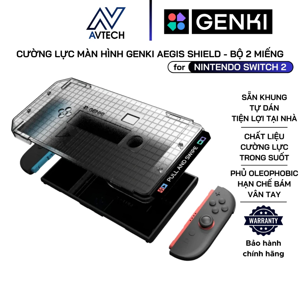 [SELF-ADHESIVE FRAME] กระจกนิรภัย Genki สําหรับ Nintendo Switch 2, โล่ Aegis, ชุด 2 ชิ้น, ลายนิ้วมือ