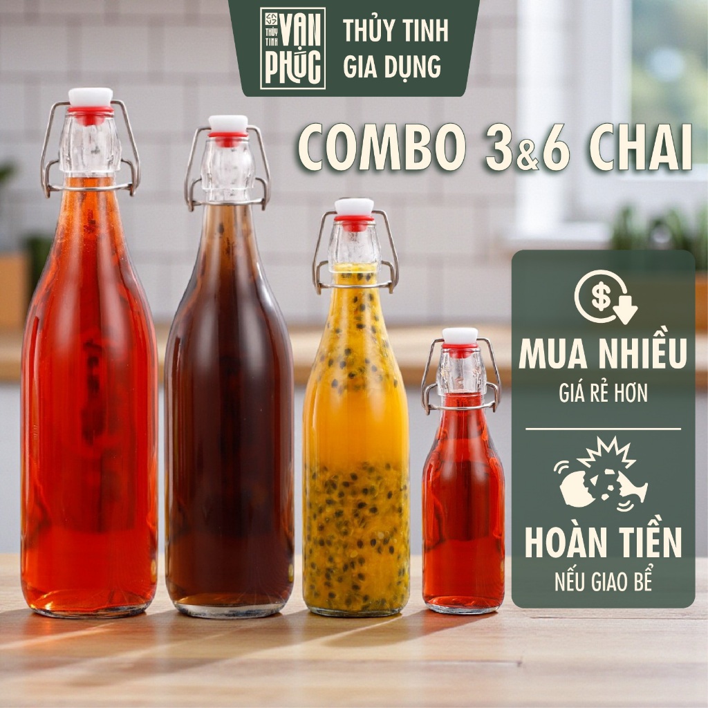 [ถูกสุดๆ] Combo of 3 - 6 Glass Snap-on Bottles 250ml 500ml 750ml 1000ml ซื้อราคาถูกกว่า