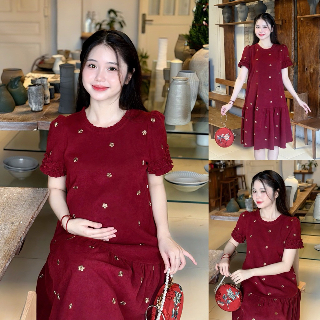 EVERMOM l Gain Tet ชุดคลุมท้องปักดอกไม้แอปริคอทสําหรับงานปาร์ตี้กํามะหยี่สีแดงพร้อมแขนพัฟนัวเนียสําห